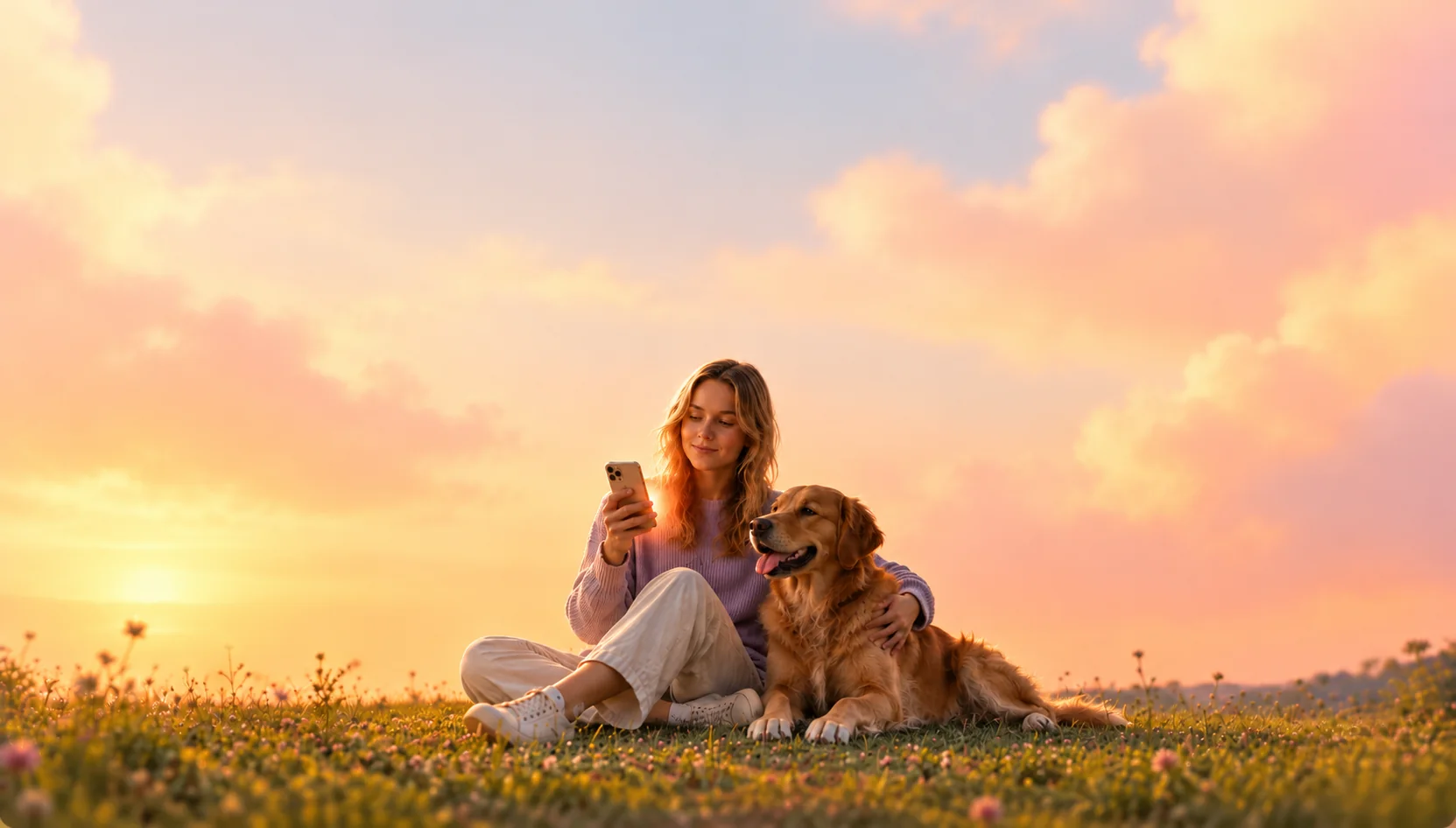 Ragazza con il suo golden retriever al tramonto mentre usa ORIO
